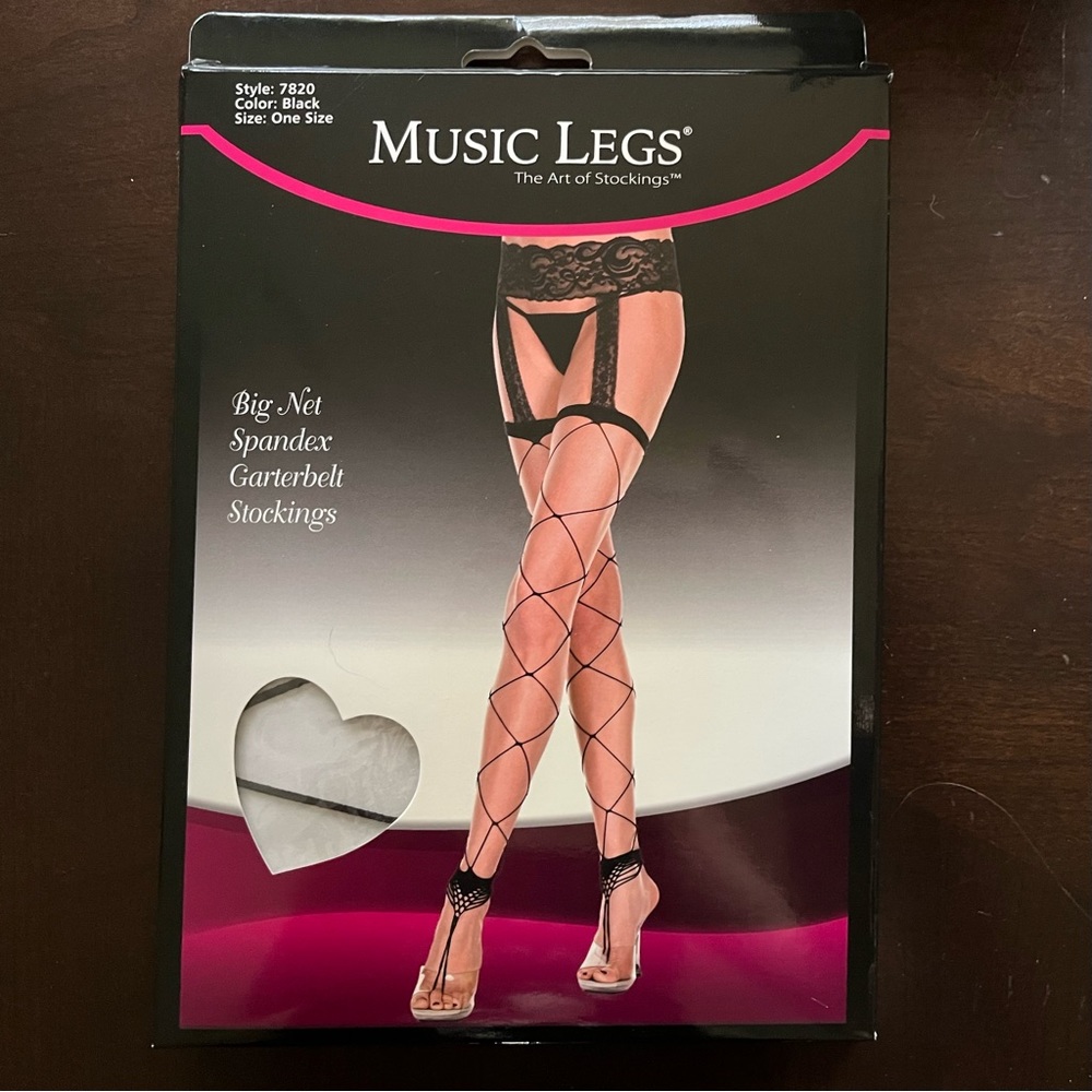 Music Legs Black Big net lace garterbelt Footless stockings, new